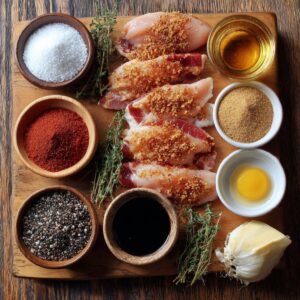 Cooking ingredients on board: Chicken tenders wrapped in bacon, surrounded by spices, garlic, fresh herbs, and sauces on a rustic wooden board.