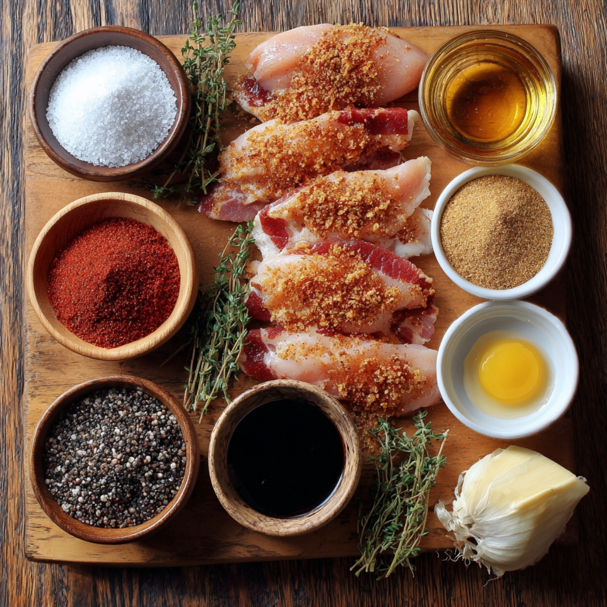 Cooking ingredients on board: Chicken tenders wrapped in bacon, surrounded by spices, garlic, fresh herbs, and sauces on a rustic wooden board.