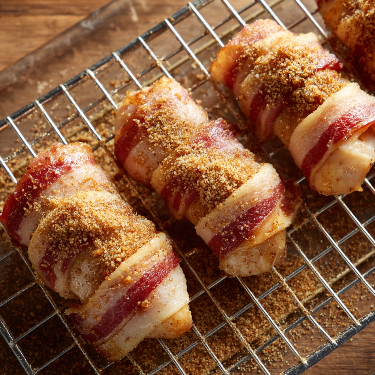 Bacon-wrapped chicken with sugar coating: Chicken tenders wrapped in bacon and sprinkled generously with brown sugar, ready to bake.