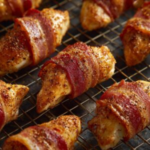 Bacon-wrapped chicken before glaze: Seasoned chicken tenders wrapped in bacon strips, arranged neatly on a baking rack.