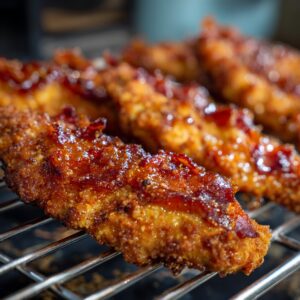Glazed chicken tenders on rack: Crispy chicken tenders coated in a caramelized brown sugar glaze, cooling on a wire rack.