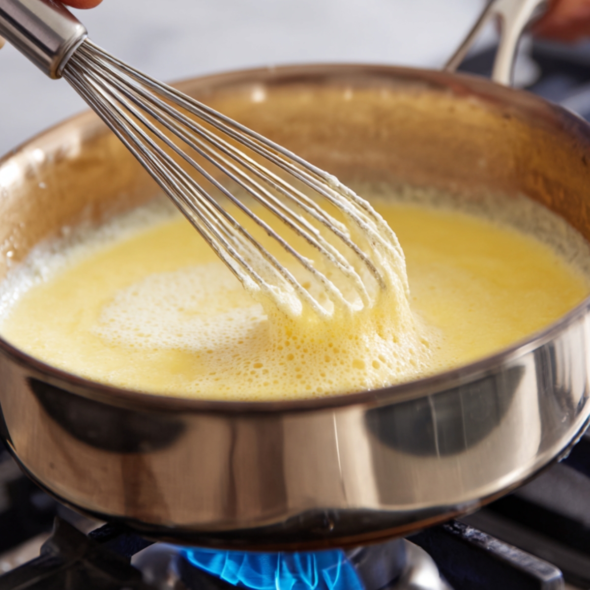 Straining custard base – A fine mesh sieve strains creamy custard into a saucepan to remove lumps.