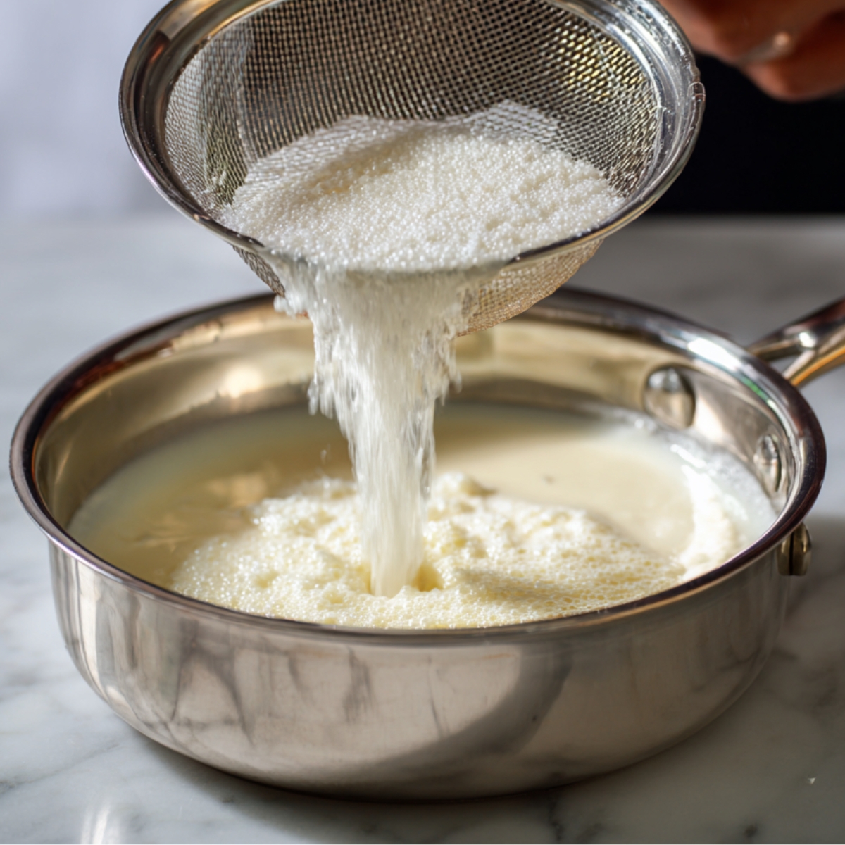 Cooking custard on stove – A saucepan of custard is whisked over low heat on a gas burner until thickened.
