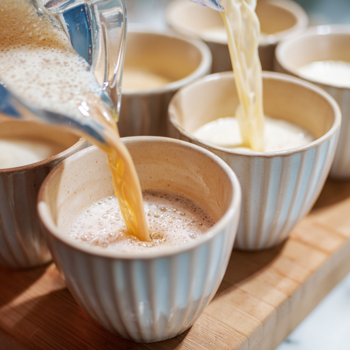 Pouring custard into cups – A creamy custard mixture is being poured into ceramic serving cups on a wooden board.