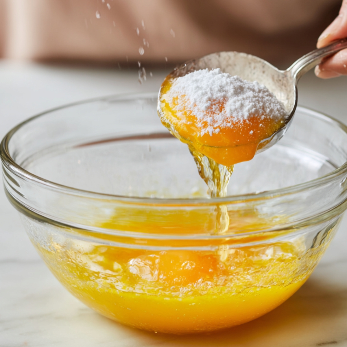 Whisking egg yolks with sugar – A spoon adds powdered sugar into a bowl with egg yolks, preparing to whisk them together.