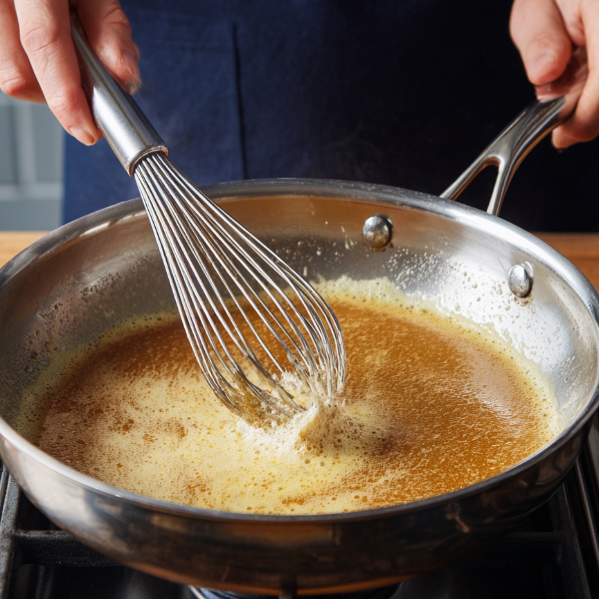 Cooking roux in a pan, butter and flour whisked together into a golden-brown base for béchamel sauce.