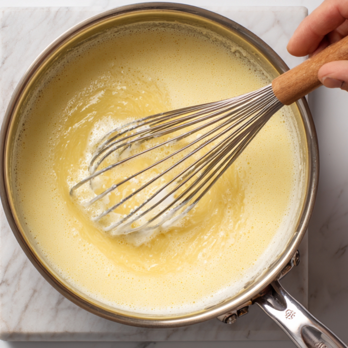 Whisking béchamel sauce in a saucepan on a marble surface, sauce smooth and slightly thickened.