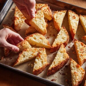 Hands arranging freshly baked biscotti slices on a parchment-lined baking sheet, golden and crisp.