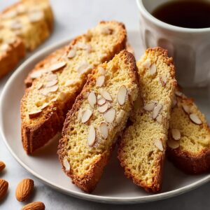 Almond biscotti slices on a white plate, topped with sliced almonds, served alongside a cup of coffee.