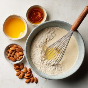 Mixing bowl with flour and wet batter being whisked, surrounded by bowls of almonds, melted butter, and honey.
