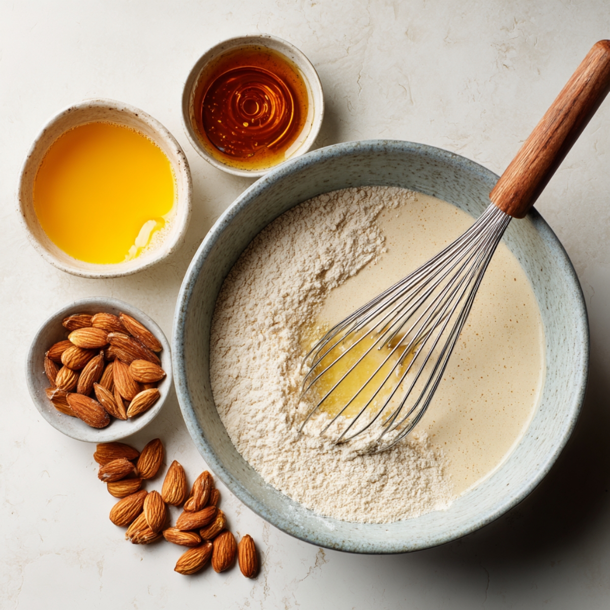Mixing bowl with flour and wet batter being whisked, surrounded by bowls of almonds, melted butter, and honey.