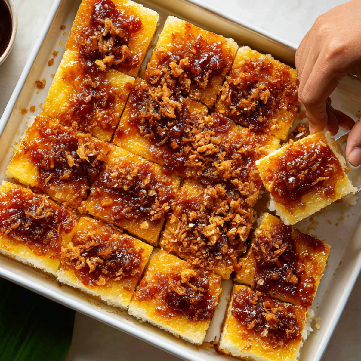 A tray of baked biko cut into squares, topped with rich caramelized latik, with one square being lifted out.