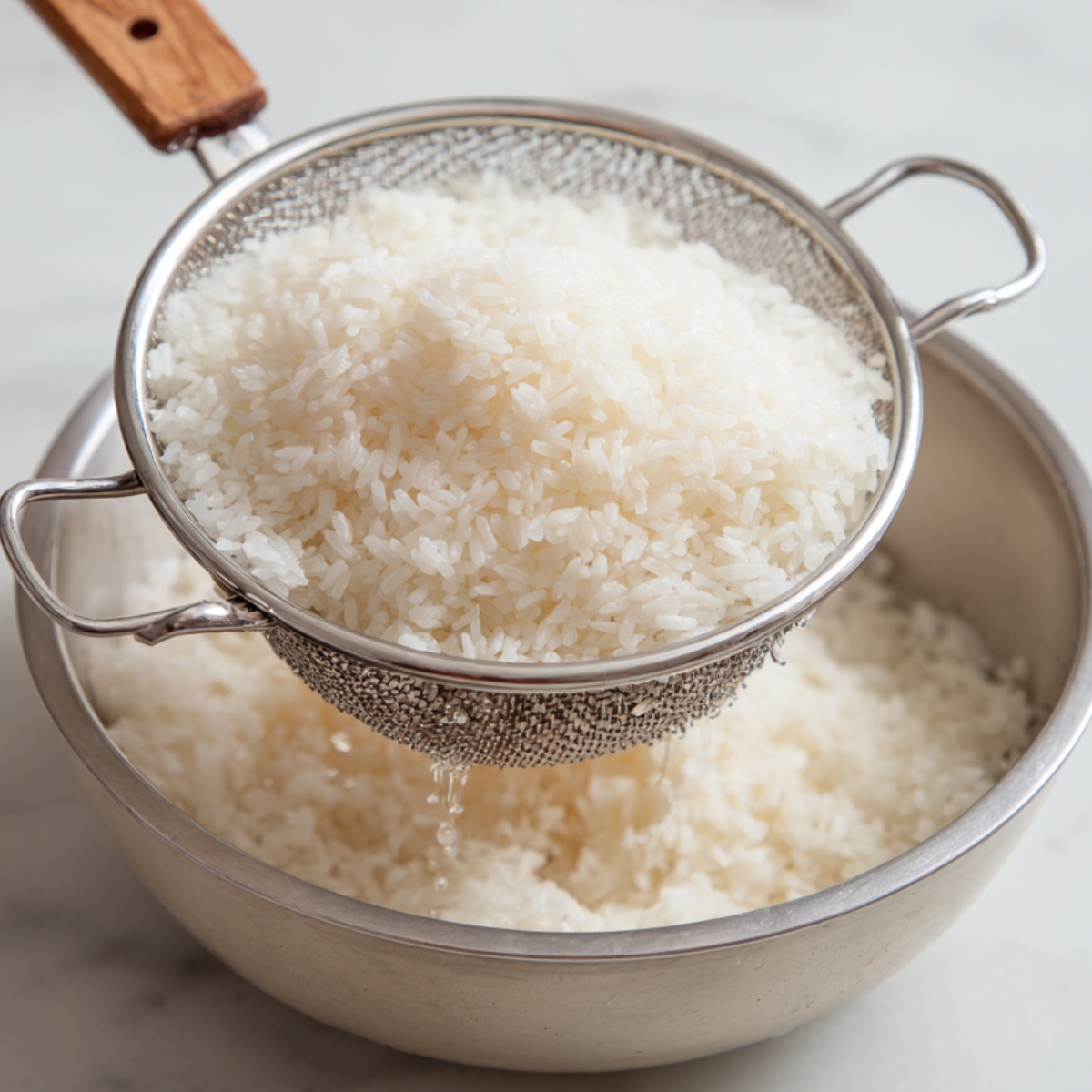 Soaked glutinous rice draining in a strainer over a metal bowl after rinsing.