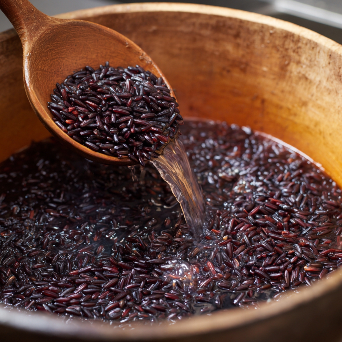 Black rice being rinsed in water, scooped up with a wooden spoon from a bowl.
