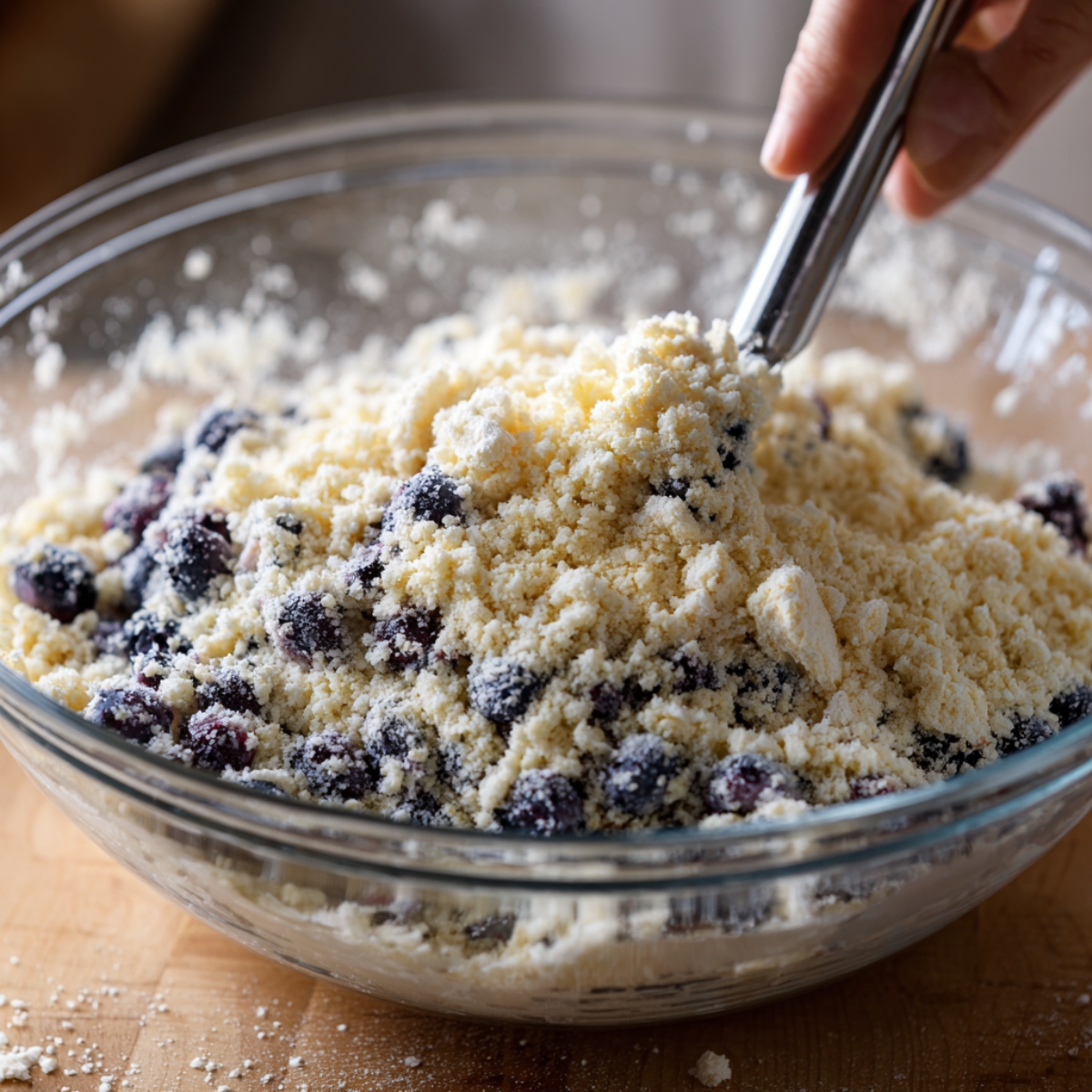 A large glass bowl of crumbly dough mixture with blueberries, being mixed by hand until it looks sandy.