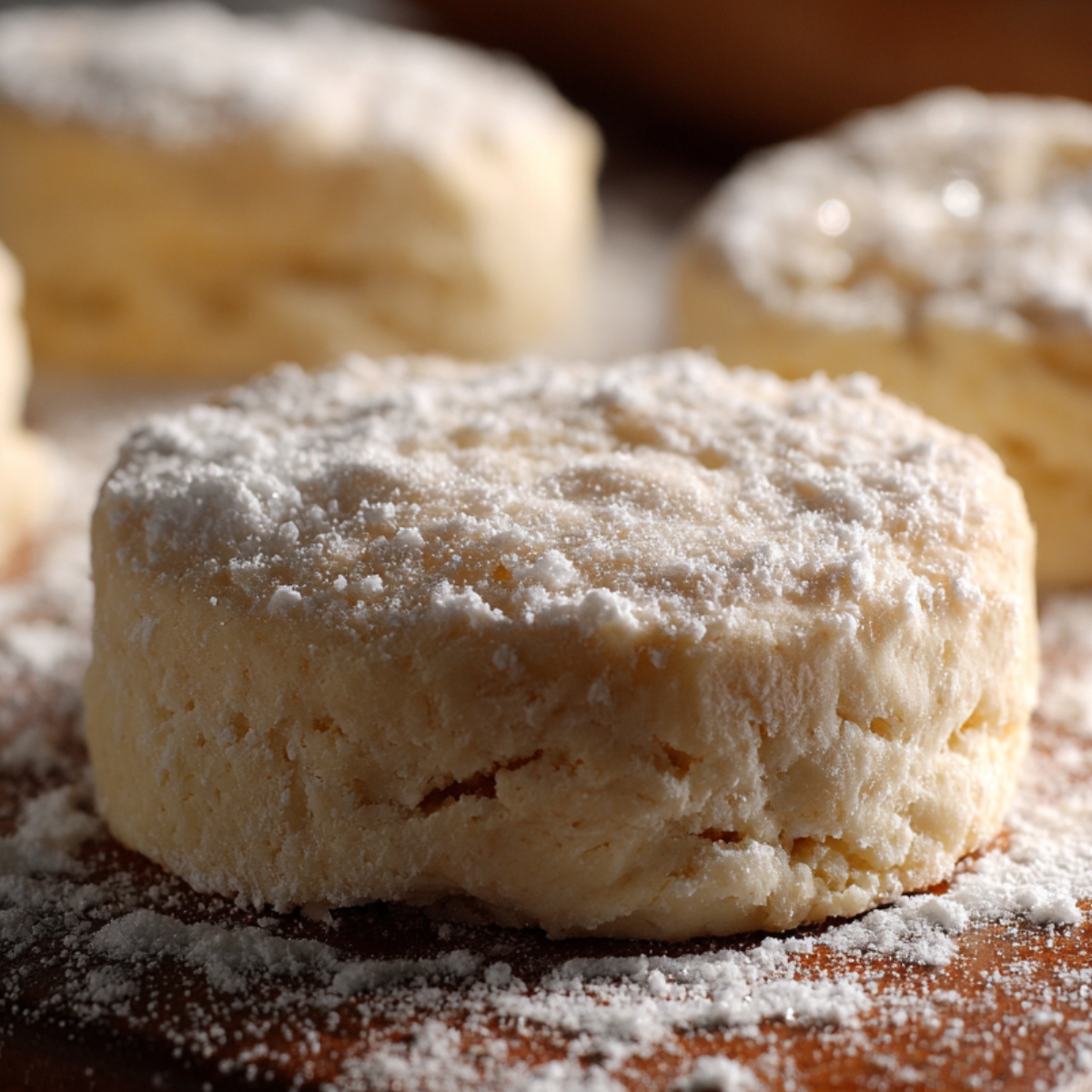 Unbaked biscuits dusted with flour, placed on a wooden surface also sprinkled with flour.