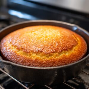A golden, freshly baked cake with a slightly crisp top, baked in a cast iron skillet inside the oven.