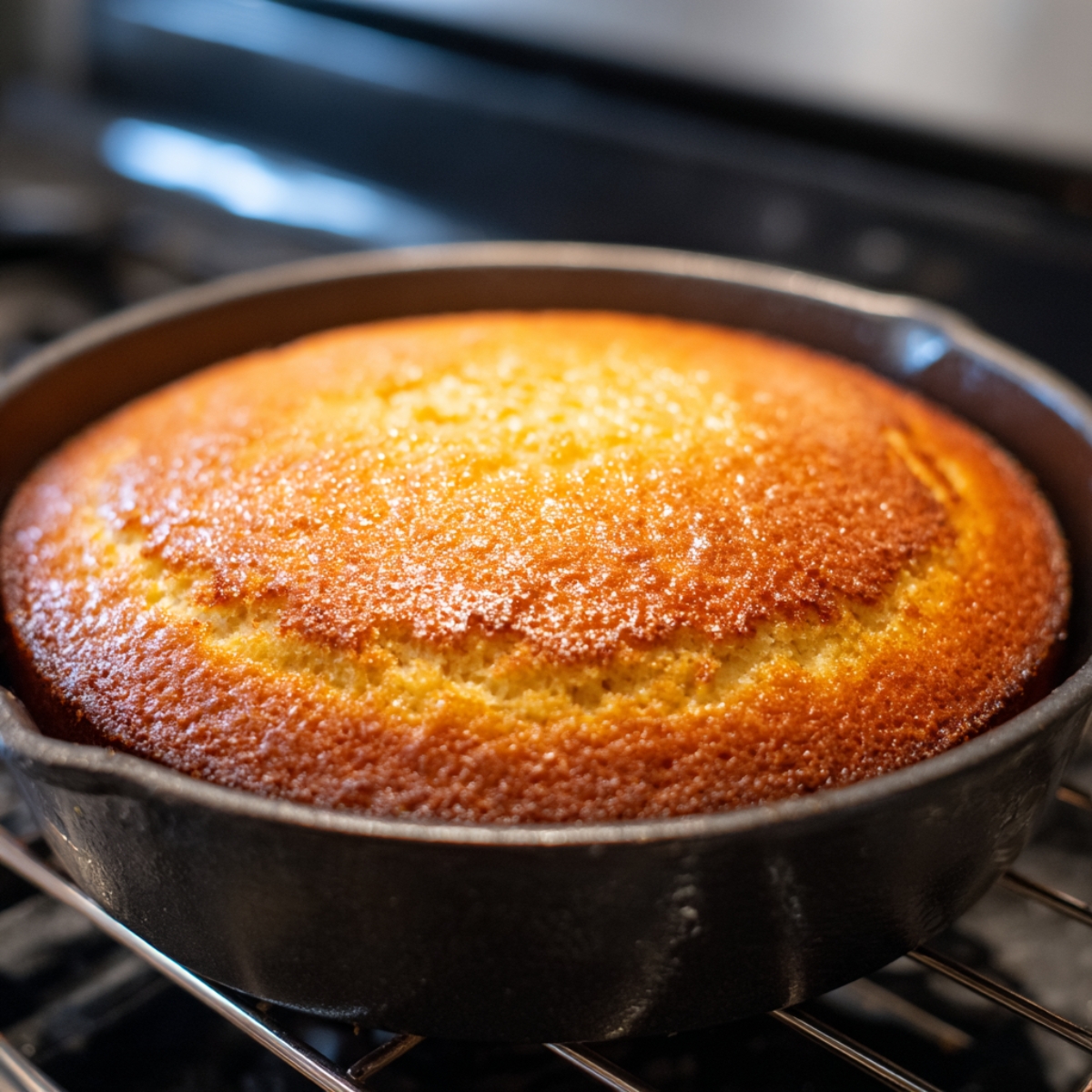 A golden, freshly baked cake with a slightly crisp top, baked in a cast iron skillet inside the oven.