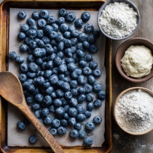 A baking sheet lined with parchment paper, filled with fresh blueberries, alongside small bowls of flour and cream.