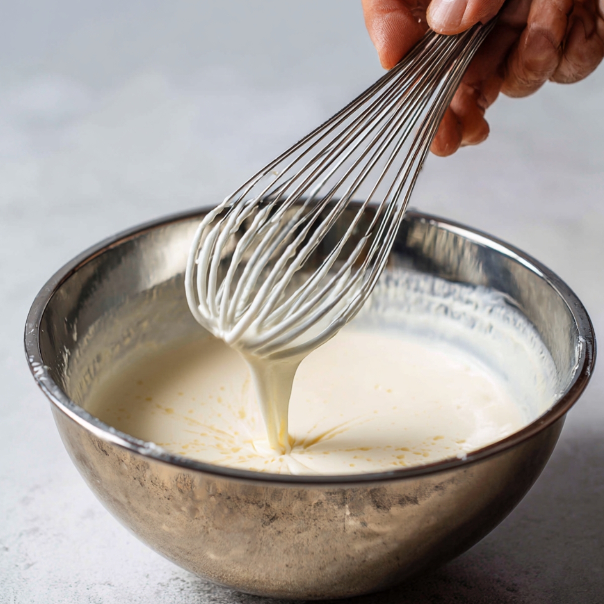 Whisking milk mixture in bowl – A hand holding a whisk lifting a thick stream of milk mixture from a stainless steel mixing bowl.