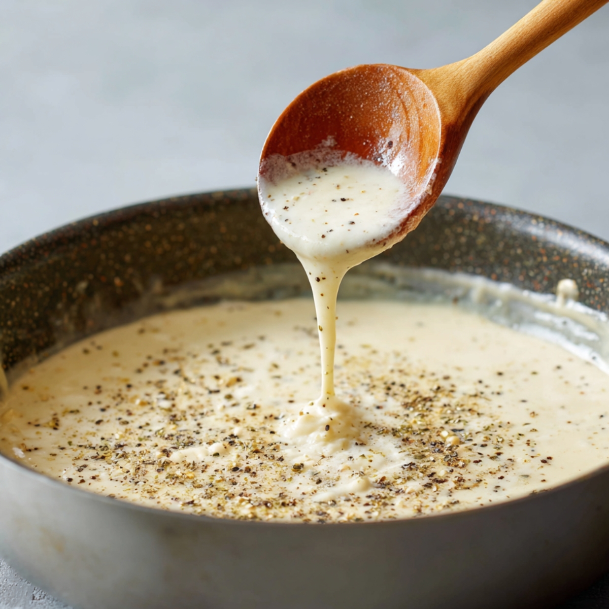 Peppered white gravy in skillet – Creamy white gravy sprinkled with black pepper being stirred with a wooden spoon in a skillet.
