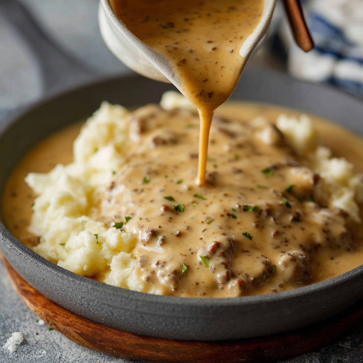 Gravy being poured over mashed potatoes – A rich sausage gravy flowing from a white pitcher onto a bed of fluffy mashed potatoes in a gray bowl.