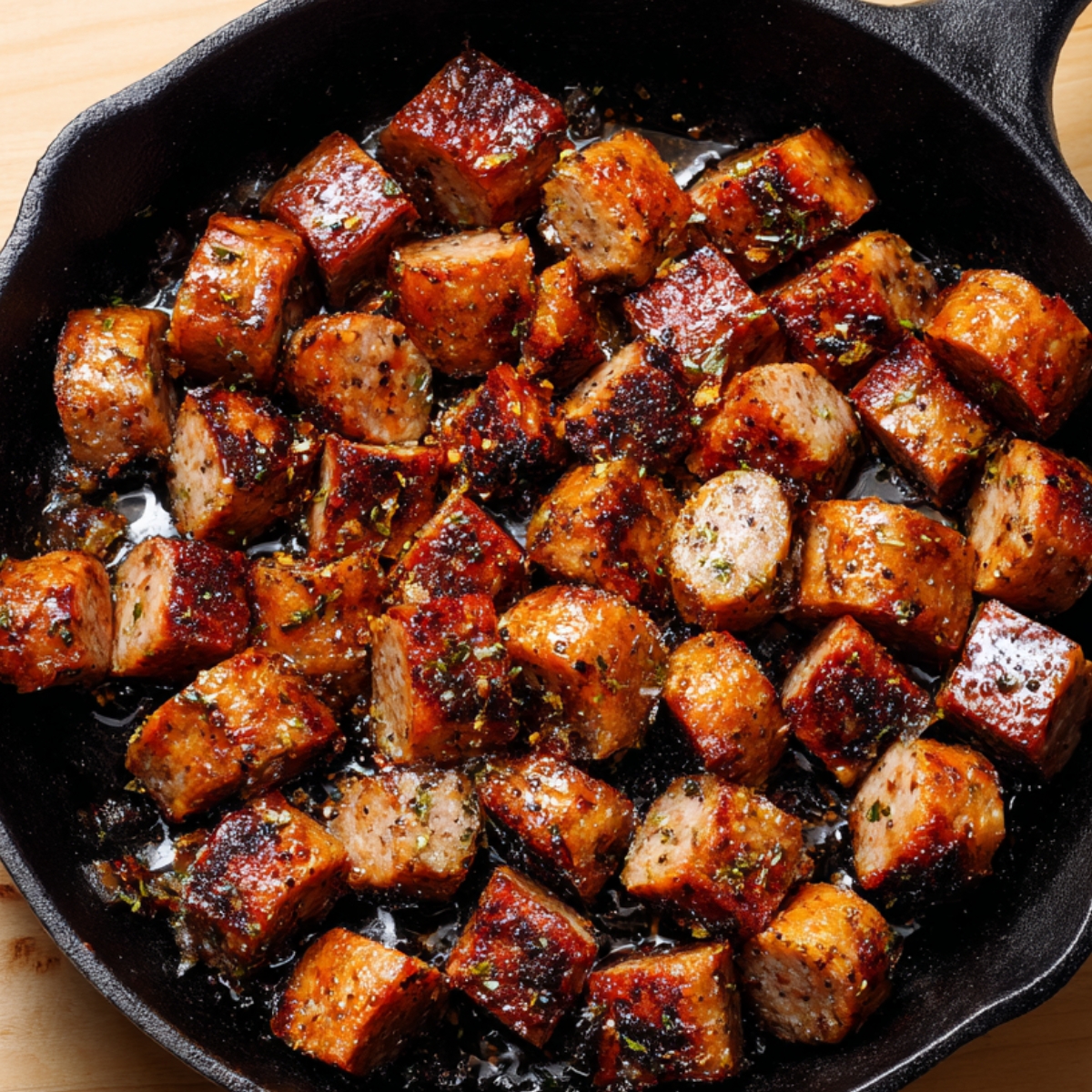 Browning sausage in cast iron skillet – Golden brown sausage pieces sizzling in a cast iron skillet, glistening with rendered fat.