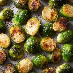 Halved roasted Brussels sprouts on a baking sheet, caramelized edges, seasoned with salt and pepper.