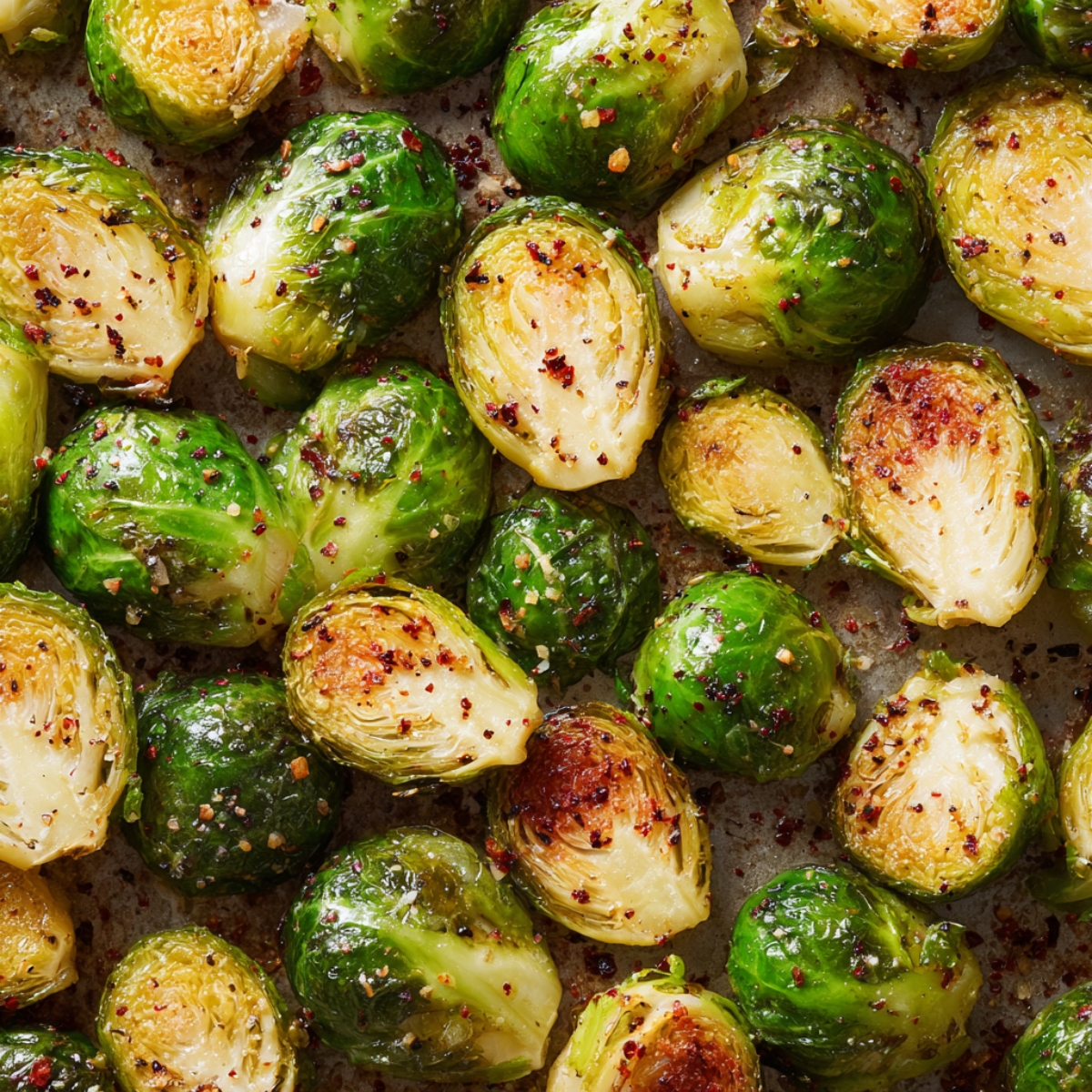 Halved roasted Brussels sprouts on a baking sheet, caramelized edges, seasoned with salt and pepper.