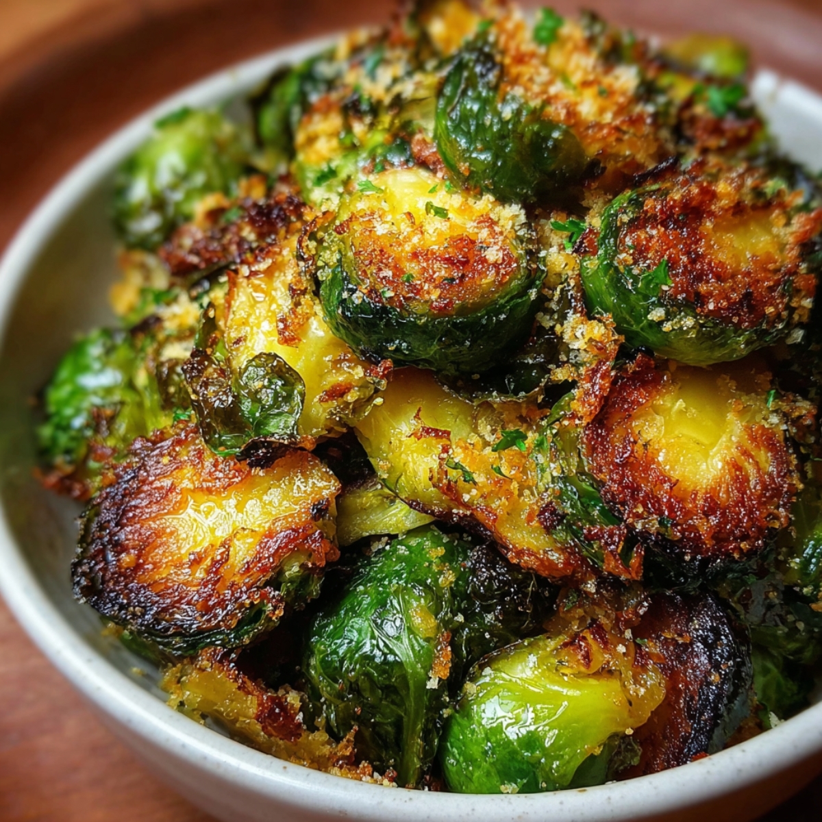 A bowl filled with crispy roasted Brussels sprouts, golden-brown edges, sprinkled with Parmesan and herbs.