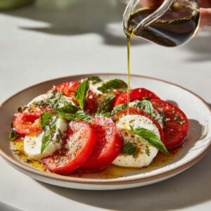 A hand pouring olive oil over a Caprese salad composed of tomatoes, mozzarella, fresh basil, black pepper, and balsamic vinegar on a light background.