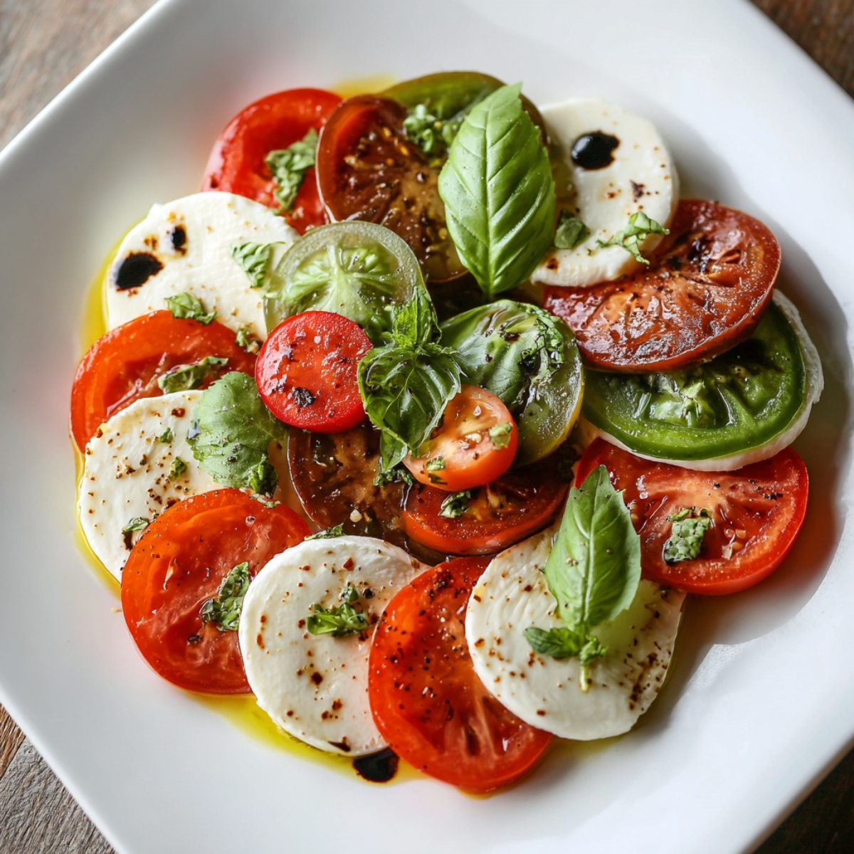 A beautifully arranged Caprese salad on a white plate, made with slices of red, green, and brown tomatoes, fresh mozzarella, basil leaves, drizzled with olive oil and balsamic vinegar, topped with a pinch of salt and pepper.
