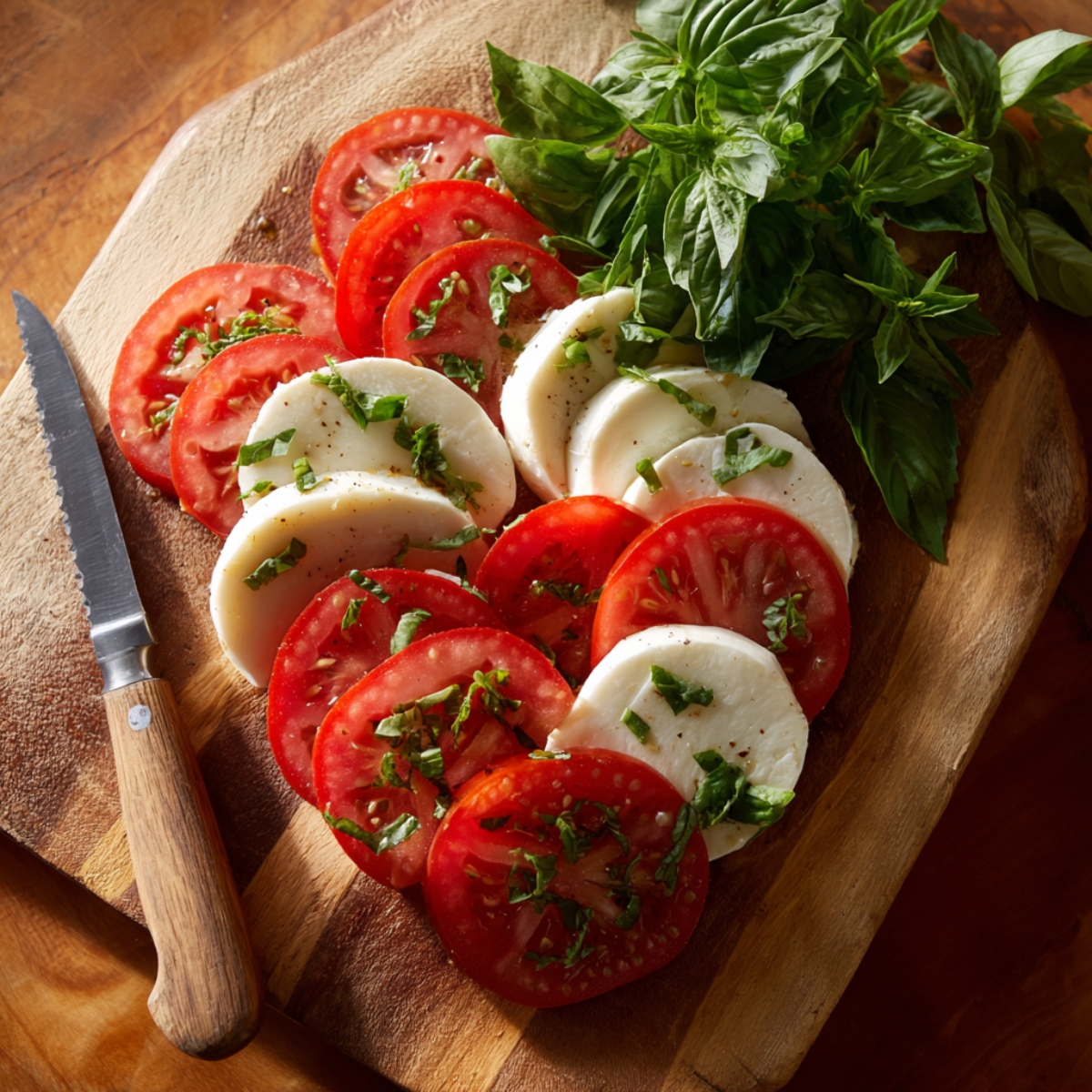 Sliced tomatoes and mozzarella arranged on a wooden board, garnished with chopped basil, with a serrated knife on the left and a bunch of fresh basil on the right.