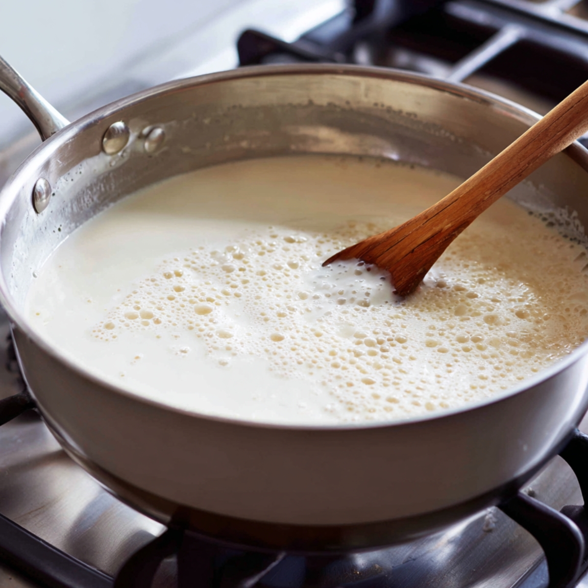 This step indicates adding milk to the pan to begin cooking the carrots for the dessert.