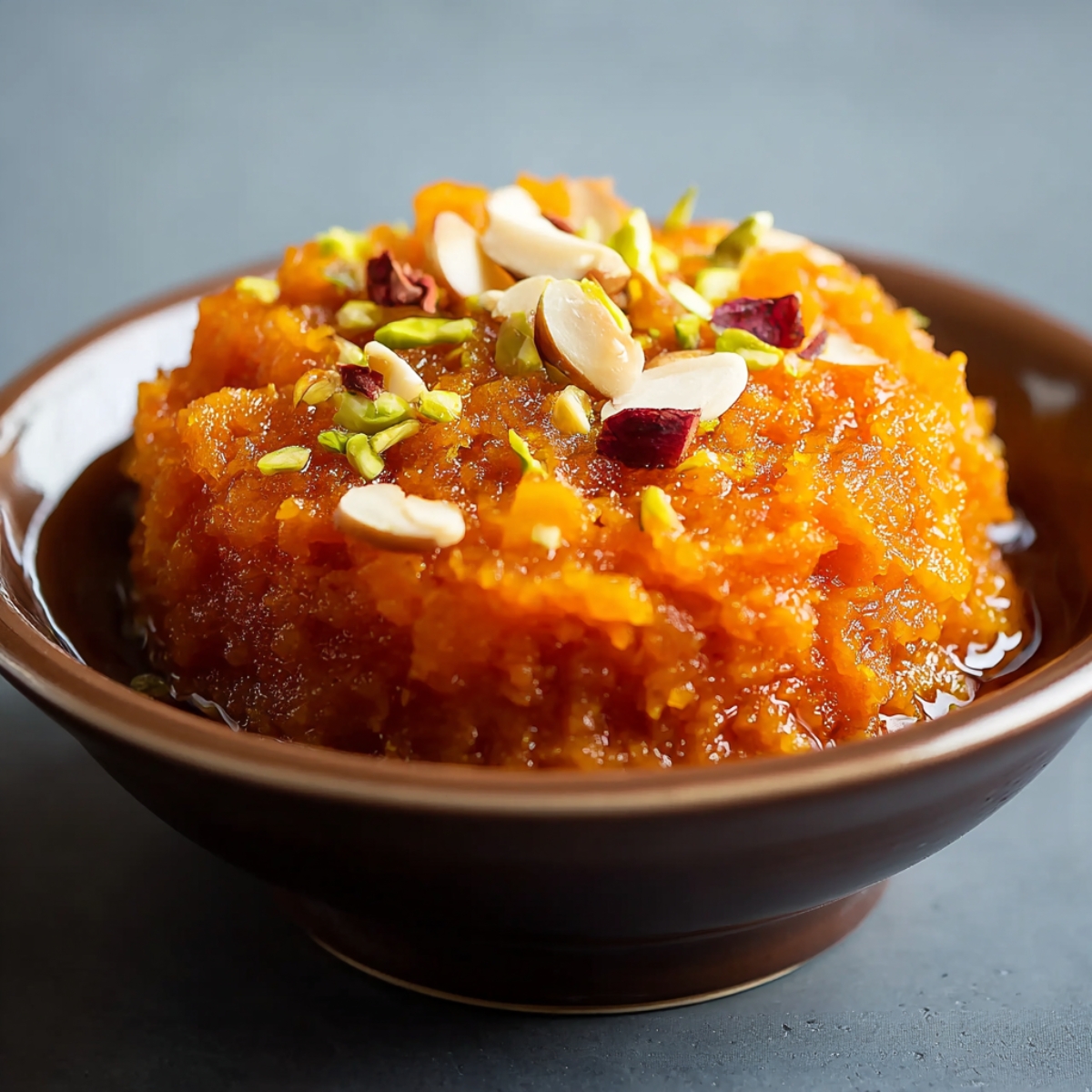 A delicious Indian dessert made from grated carrots cooked in ghee, milk, and sugar, garnished with nuts.