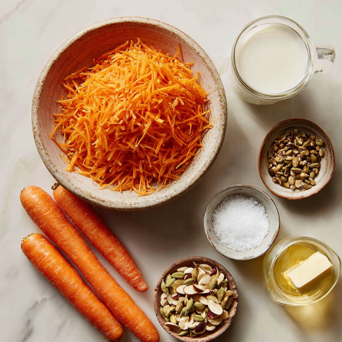 This step outlines the beginning preparation for the carrot halwa, where fresh carrots are grated.