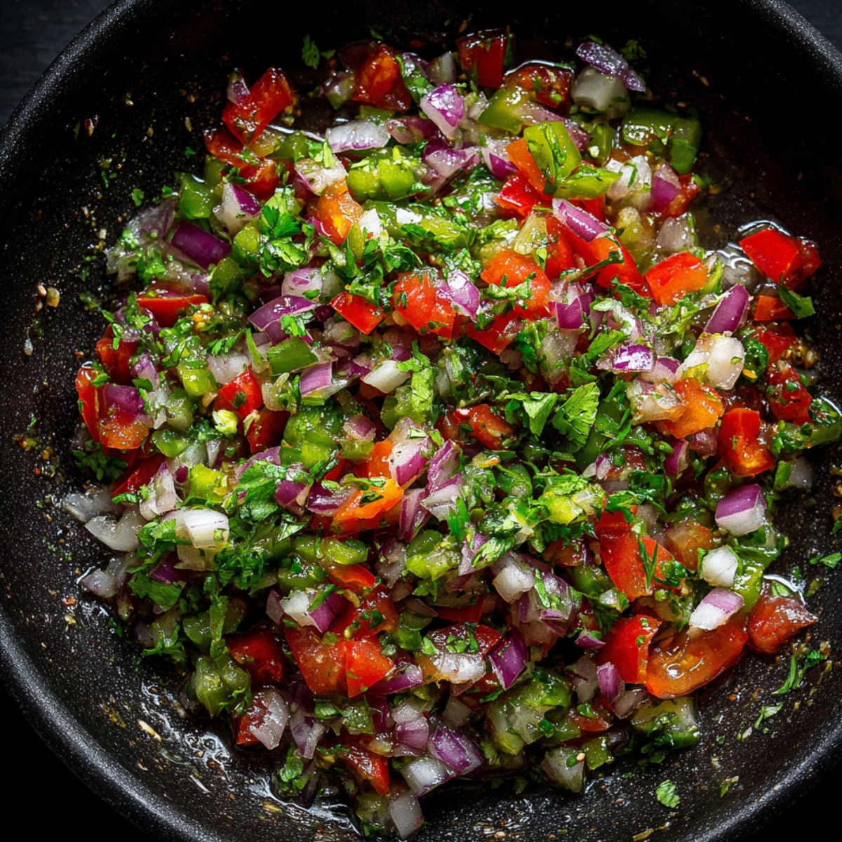 A colorful mixture of diced red onion, peppers, tomato, and cilantro tossed together in a black bowl.