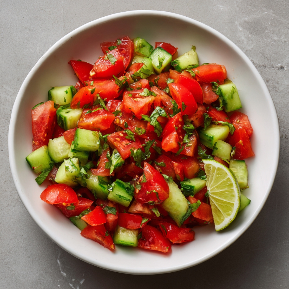 A fresh salad of diced tomatoes and cucumbers with cilantro and a lime wedge in a white bowl.