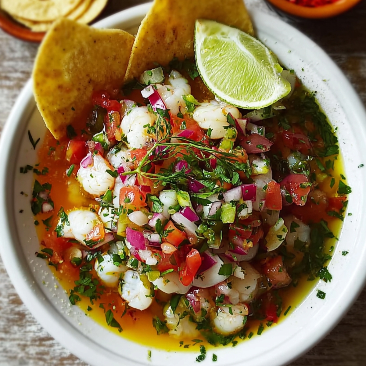 A bowl of shrimp Ceviche Recipe with diced avocado, red onion, tomato, cilantro, and lime wedges in a tangy citrus marinade.