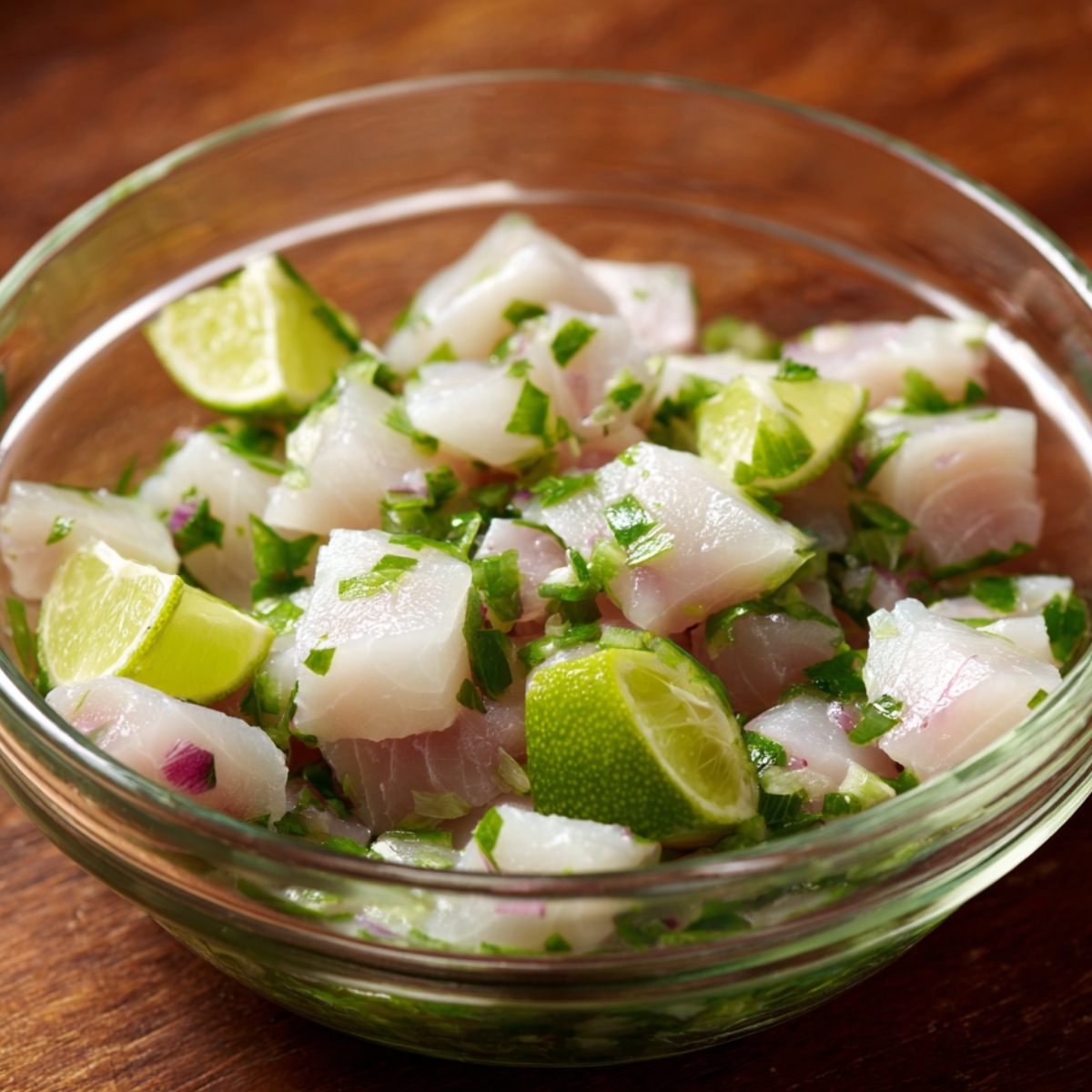 Cubes of raw white fish marinating in lime juice with fresh cilantro and lime wedges in a glass bowl.