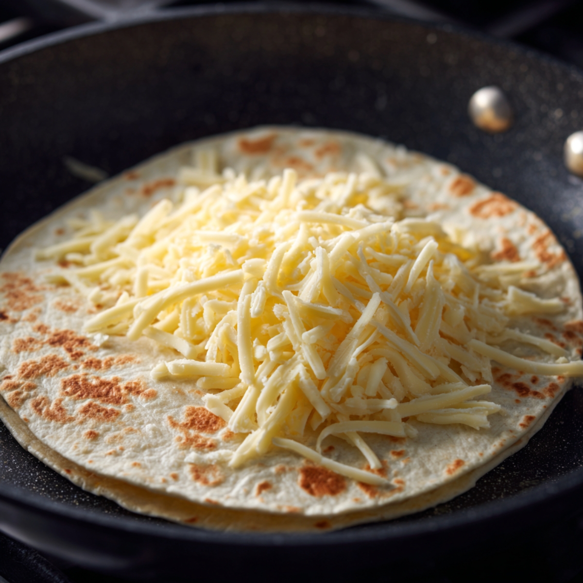 A toasted tortilla in a cast iron skillet topped with a generous amount of shredded cheese.