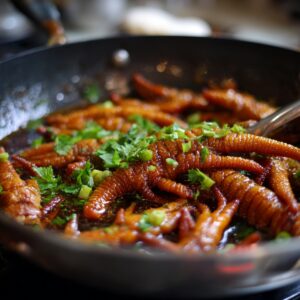 A large skillet with chicken feet simmering in a rich dark sauce, topped with fresh green herbs, with a ladle visible on the side.