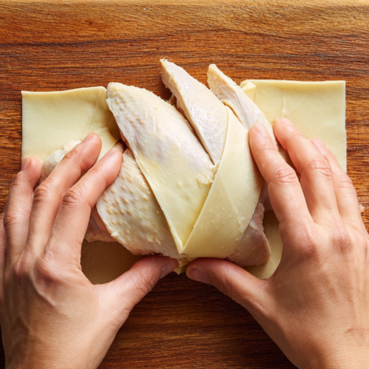 Hands wrapping a chicken breast with slices of cheese and butter inside.