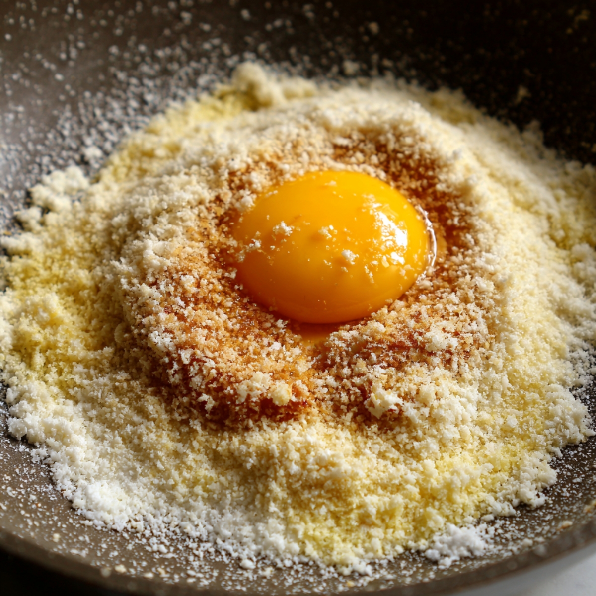Egg yolk sitting on a mixture of flour and grated cheese for coating.