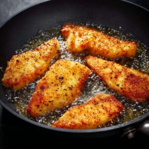 Breaded chicken fillets frying in hot oil in a pan.