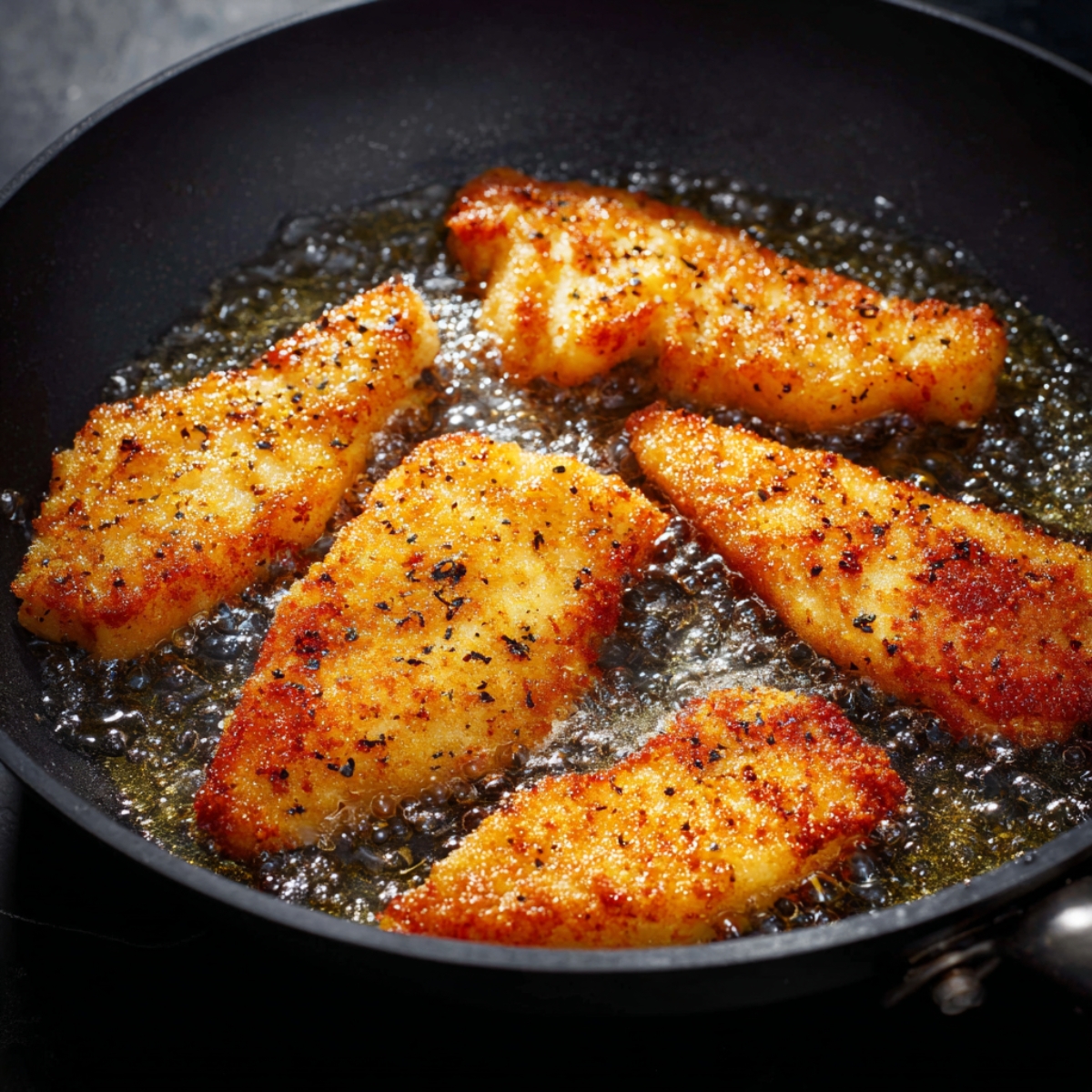 Breaded chicken fillets frying in hot oil in a pan.