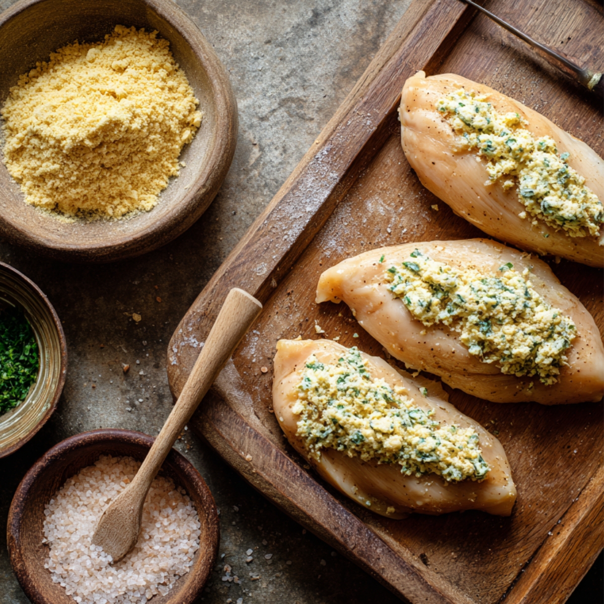 Chicken breasts stuffed with a butter and herb mixture on a wooden board with bowls of breadcrumbs, parsley, and salt.