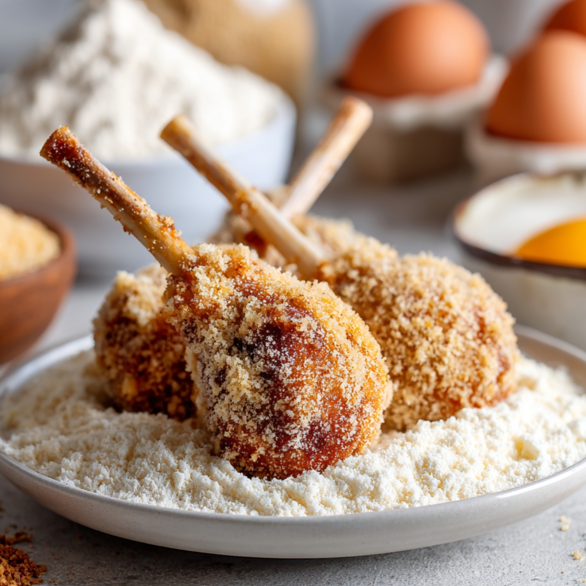 Breading chicken lollipops: Chicken lollipops being coated in flour and breadcrumbs with eggs and other ingredients in the background.