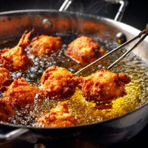 Frying chicken lollipops: Golden brown chicken lollipops sizzling in hot oil inside a frying pan.