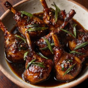 Glazed chicken lollipops: Bowl of chicken lollipops coated in a sticky soy-based sauce and garnished with fresh herbs.
